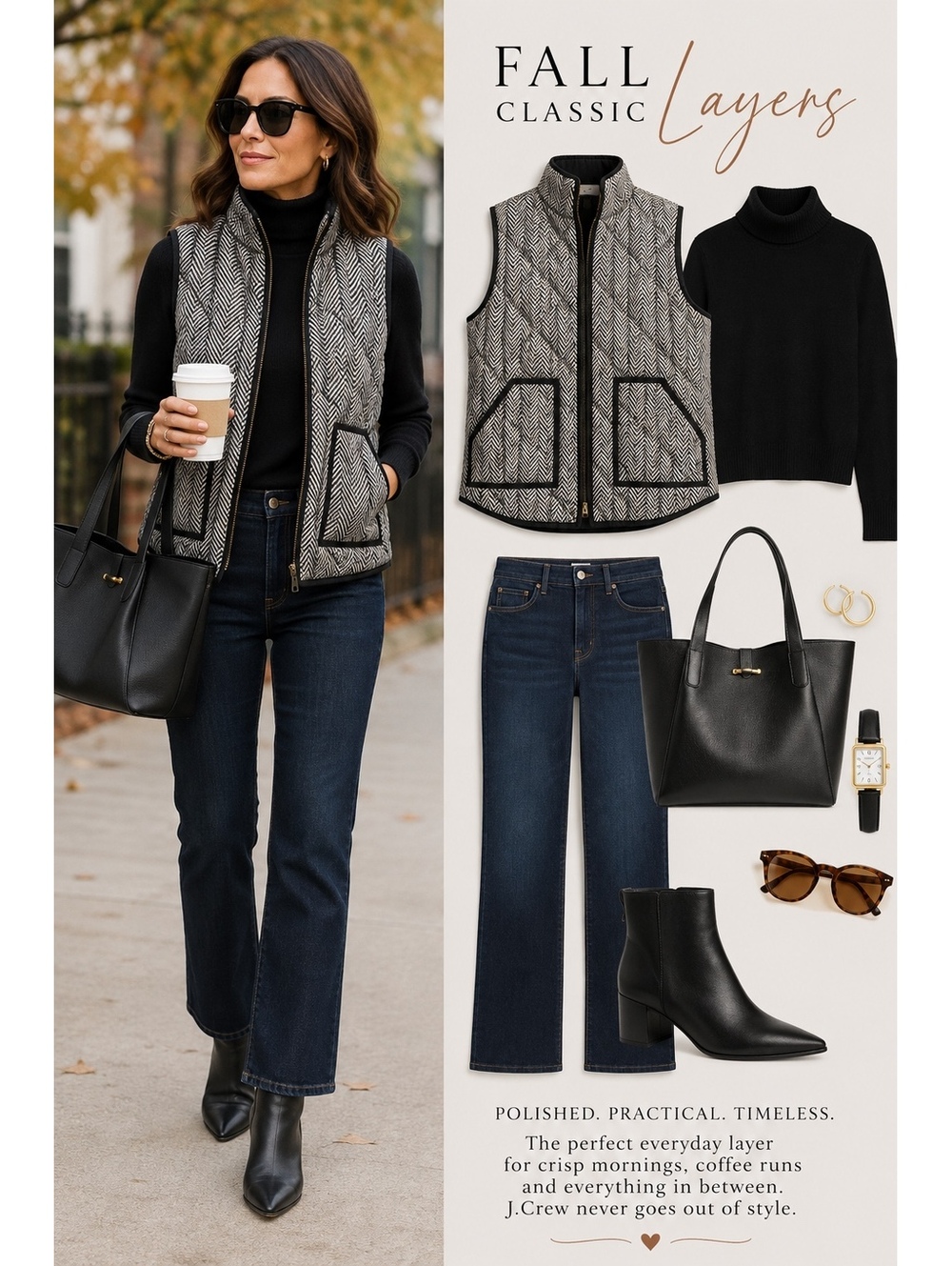 J.Crew Quilted Herringbone Houndstooth Vest Black Tan Women’s M Fall Capsule